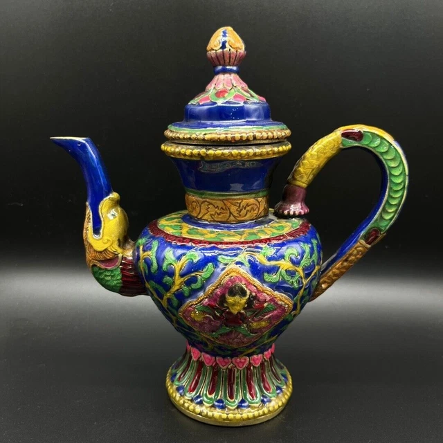 7.8" Collection Chinese Cloisonne Enamel Bronze Animal Dragon Spray Teapot