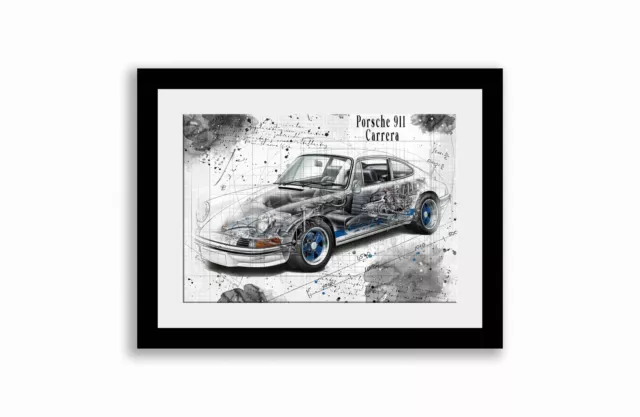 Line Tech Drawing  Porsche 911 Carrera    Cutaway Art Poster Print