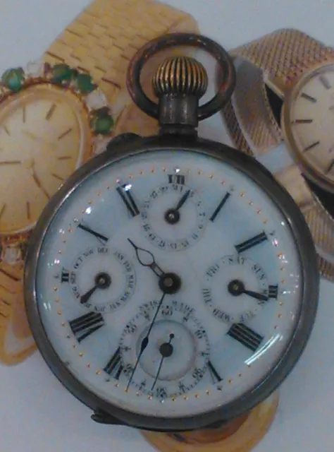 Rare GunMetal Trench WW1 Perpetual Calendar Dial Patent  Lever Pocket Watch 1914