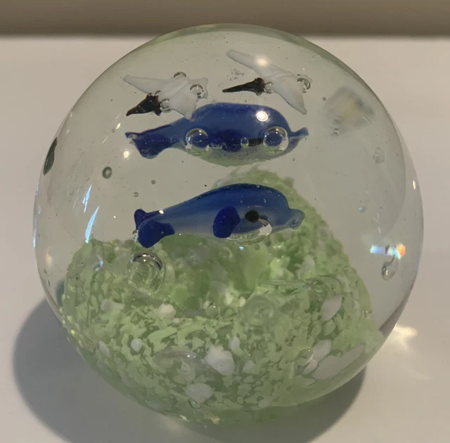 Art Glass Orb Paperweight Blue Fish Dolphins Bubbles Sea Ocean Underwater Round