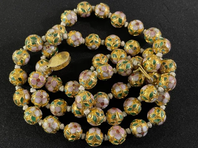 Vintage Cloisonne Necklace Chinese Bead Enamel Pink Green Flower Gold 27"