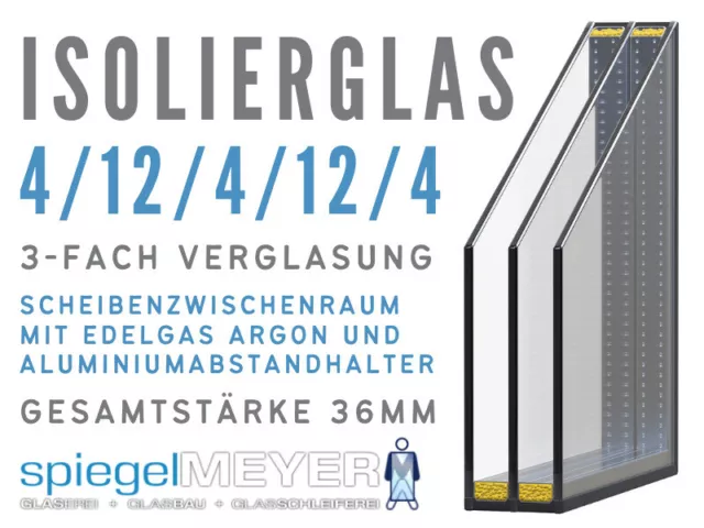 Isolierglas 4/12/4/12/4 - Wunschmaß - 3-fach Verglasung - Wärmeschutzglas - ISO