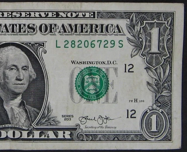 2013 $1 (One Dollar) – Note, Bill - Serial Number - High - Error