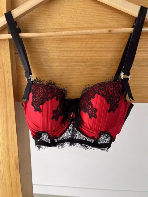 HONEY BIRDETTE Red Satin Black Lace Bra Sz 10C BNWOT Burlesque Stunning