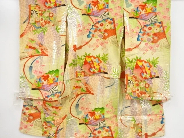 42800# Japanese Kimono / Antique Kimono For Girls / Fan With Flower & Bird