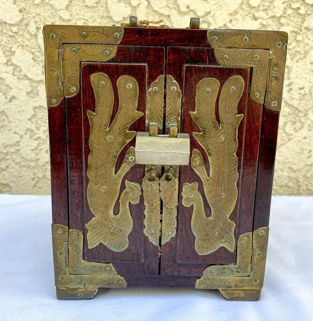 Antique Sung Kee & Co Chinese Wood Brass 3 Drawer Locking Jewelry Box - 7” Tall
