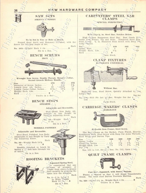 Vtg Paper Ad '20s Hardware Saw Sets Vises Clamps Bench Stops Screws Roof Bracket