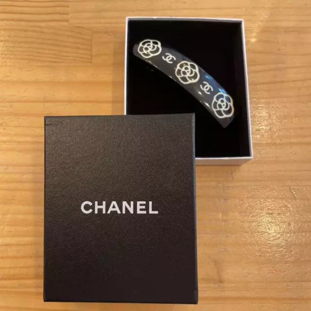 Chanel barrette coco mark vintage camellia black Hair accessory W/box