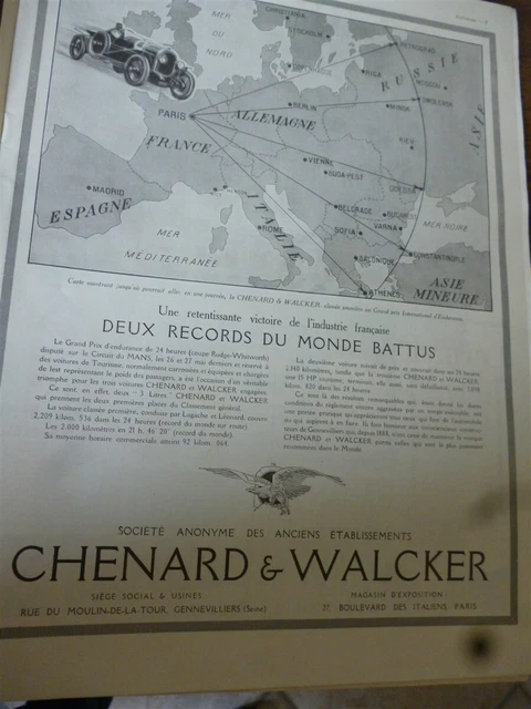 CHENARD & WALCKER 3 litres LE MANS  2RM17 publicité papier ILLUSTRATION 1923 col