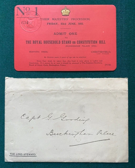 Antique Royal Household Pass Coronation King George Queen Mary  Captain Gooding