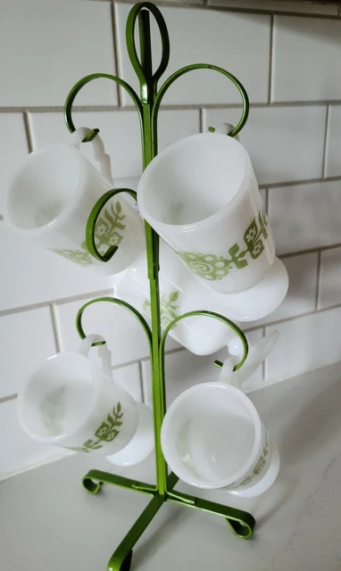 VTG Glasbake Coffee Tea Mug Cup White Milk Glass Lime Green Metal Tree Pedestal