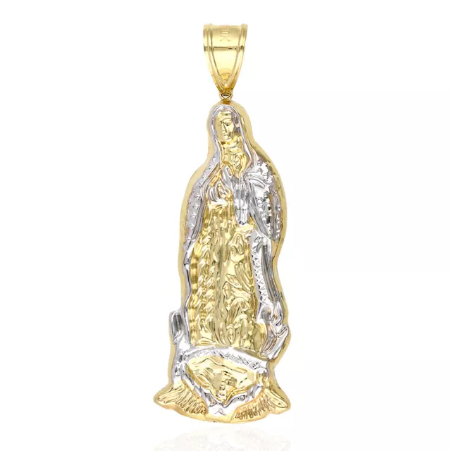 10K Yellow Gold Diamond Cut Guadalupe Virgin Mary Pendant Charm 4"