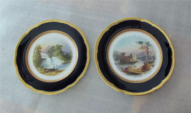 Coalport Scenic Plate x 2 Loch An Eilein & Corra Lynn Cobalt Gold Superb 1820's