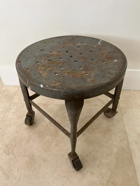 Vintage Industrial Toledo Metal Wheeled Library Filing Stool 14" Original Patina