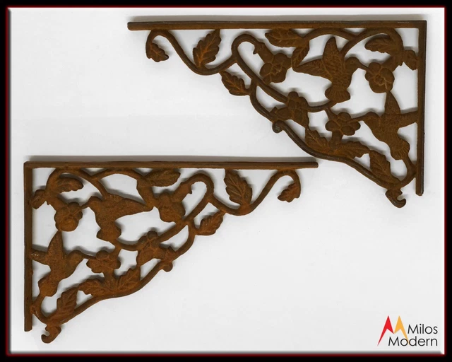 Vintage 1900 Pair Victorian Cast Iron Hummingbird & Floral Corner Shelf Brackets