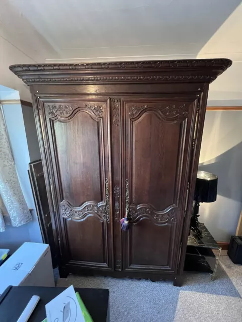 French Antique Knockdown Carved Oak Armoire Double Rail Wardrobe - With Shelves