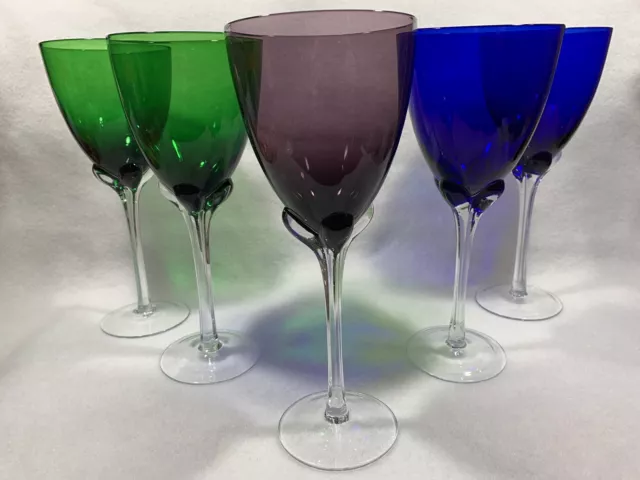 Set Of 5 Tall Wine Or Water Goblets Hand Blown Glass Tulip Stem Beautiful Design