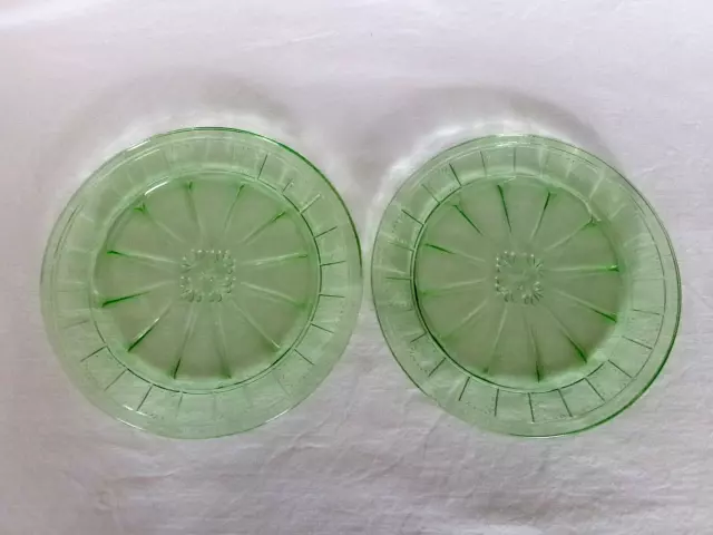 2 GREEN DORIC 9" Depression Glass DINNER PLATES - Uranium Glow