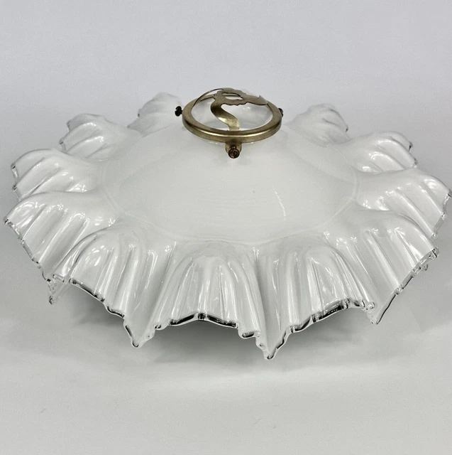 Antique French Exquisite Art Deco White Ruffled Glass Light Shade, Brass Gallery