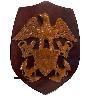 Vtg Wall Plaque US NAVY Officer's Crest Eagle Anchor Rope Mahogany Wood