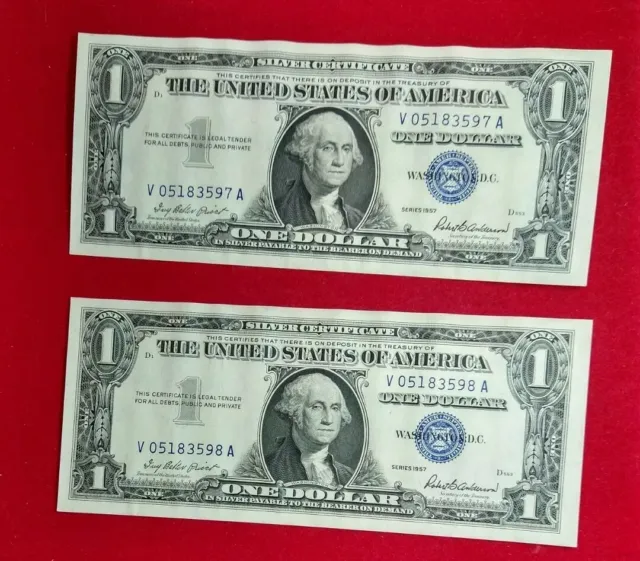 Consecutive PAIR 1957 $1 Silver Certificate Blue Seal Note Bill Wrinkled UNC 2