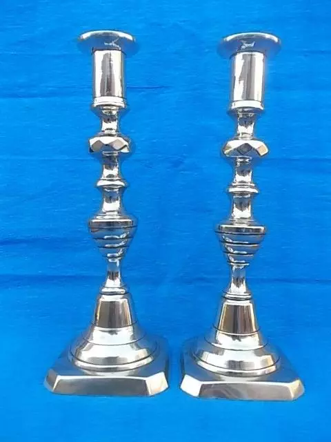 Beautiful Pair Of Antique 19Th Century Brass Candlesticks With Pushers . M141