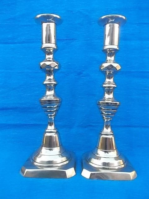 Beautiful Pair Of Antique 19Th Century Brass Candlesticks With Pushers . M141