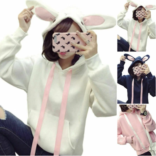 Womens Hoodie Rabbit Ears Hooded Sweatshirt Easter Bunny Pullover Jumper Tops US