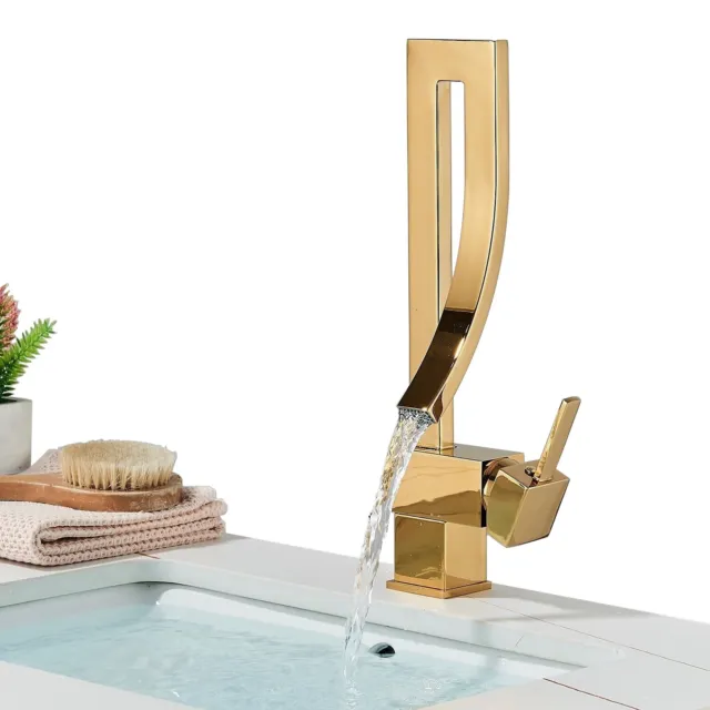 Gold Waterfall Bathroom Basin Sink Faucet Single Handle Single Hole Mixer Tap
