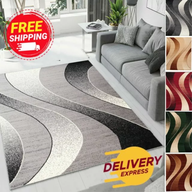 Modern Grey Rug TAPISO Short Pile Waves Stripes Living Room Bedroom Floor Carpet