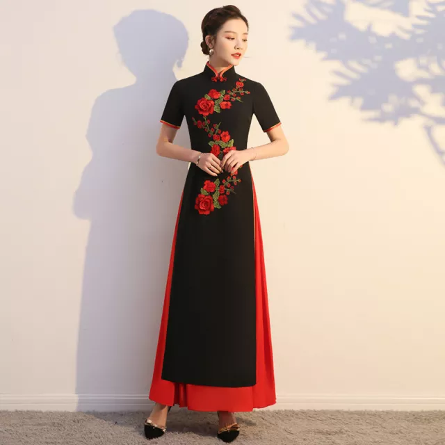 Women Ao Dai Dress Black Slim Vintage Long Qipao Hanfu Traditional Cheongsam