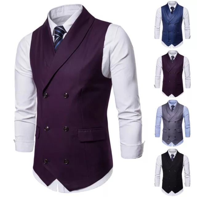 Mens Formal Business Casual Slim Fit Double-Breasted Waistcoat Coat Suit Vest