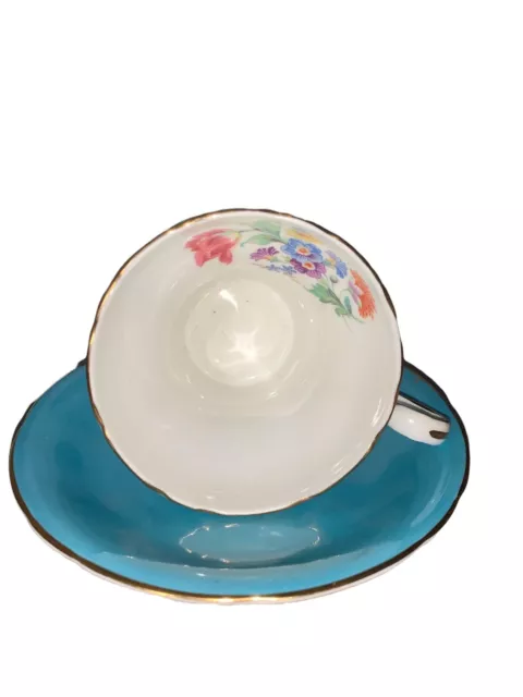 VINTAGE Aynsley TEA CUP & SAUCER - CORSET STYLE - TURQUOISE GOLD & FLORAL