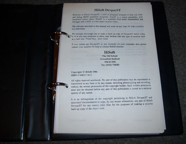 Atari 520 1040 STF STFM STE Mega Computer DevpacST HiSoft libro manuale utente