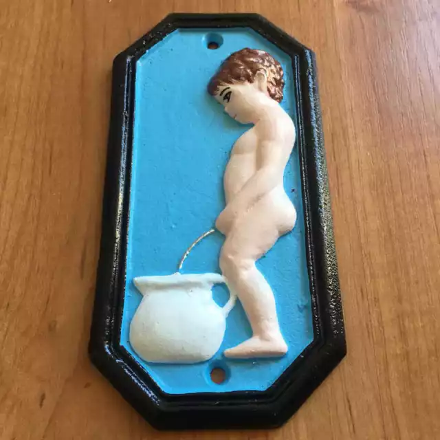 1 pair of Blue Cast iron boy girl toilet sign plaques Bathroom Restroom vintage 3