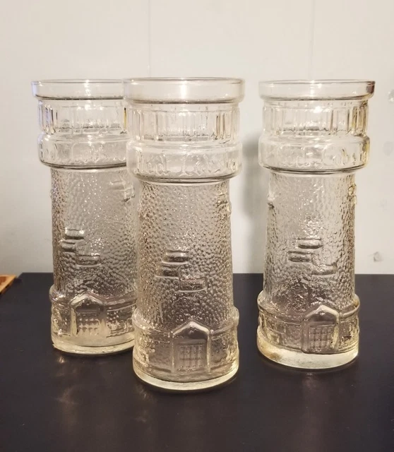 3X Red Lobster Lighthouse Tower Drinking Glass Clear 7.5 Inch Tall NICE