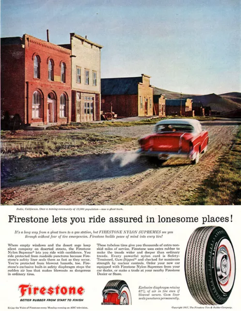 Bodie Ghost Town CALIFORNIA MINING Firestone Tires HIGH DESERT 1957 Magazine Ad