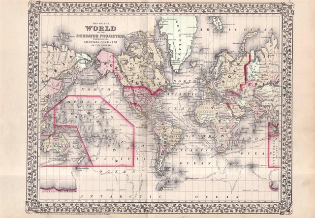 1874 Antique Mitchell Atlas Map Of The World-Hand Colored