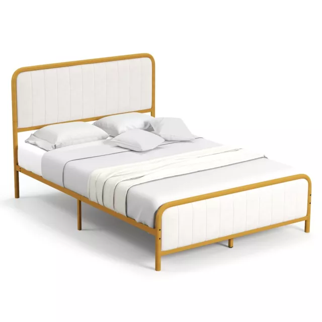 Double Size Metal Bed Frame Platform Bed  Upholstered Headboard & Footboard