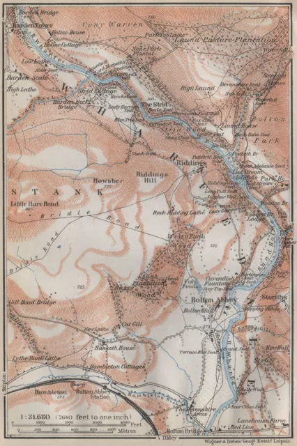 WHARFEDALE topo-map. Bolton Abbey. Yorkshire Dales. BAEDEKER 1910 old