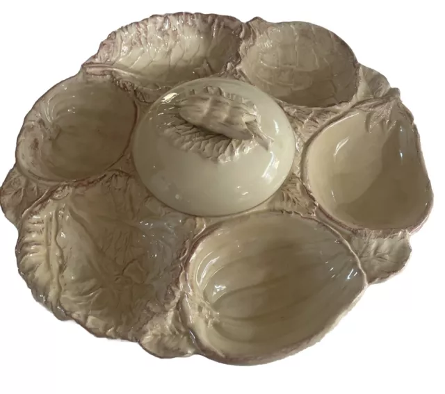 Vtg Portugal Majolica Pottery Platter Tray Divided Relish Serving Dish 7 Section