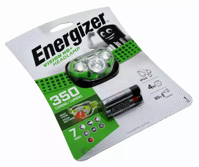 Energizer Vision HD+ Stirnlampe Kopflampe | IPX4 7 Modi 350 Lumen 80m | inkl. 3x