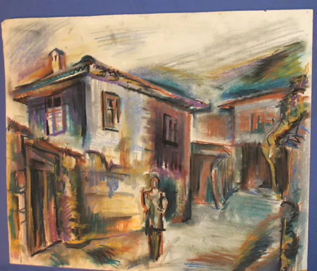 Vintage Post Impressionist Cityscape Pastel Painting 3