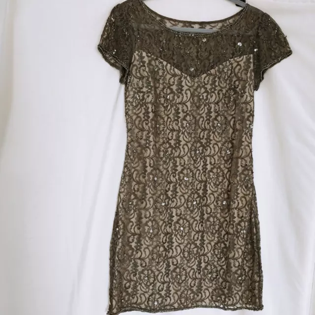 Pisarro Nights Gray Beaded Mesh Lace Cocktail Dress Size 6 Short sleeves A-Line