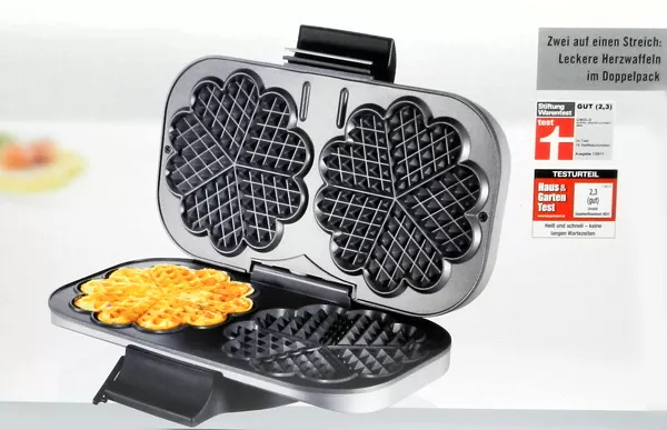 UNOLD 48241 Doppel-Waffeleisen silber, Waffelautomat, 2 Herz-Waffelformen