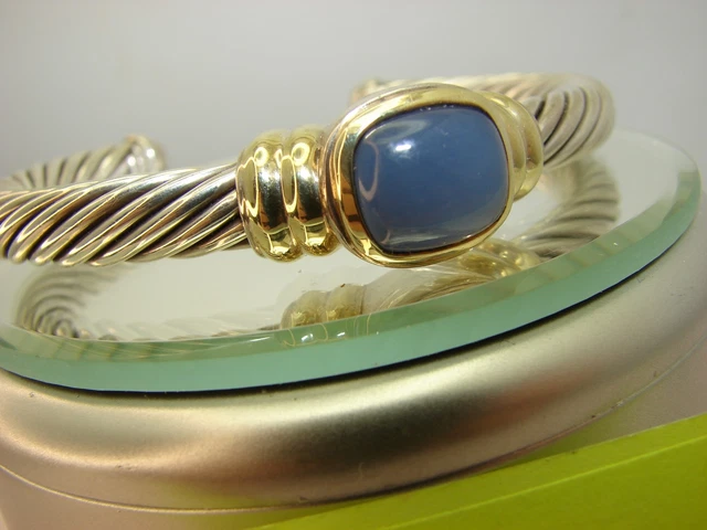 David Yurman 7mm Chalcedony Center Station Sterling Silver & 14K Gold Cable Cuff