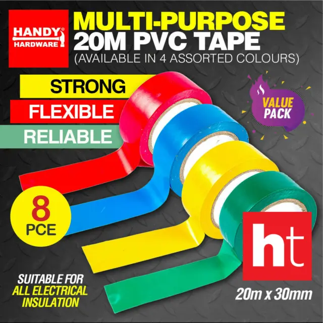 Handy Hardware® 8PCE PVC Tape Coloured Multi-Purpose Strong Flexible 20mx 30mm
