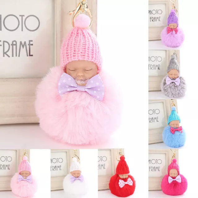 Bow Sleeping Baby Furry Pom Pom Ball Key Chain Ring Backpack Charm Free Gift Bag