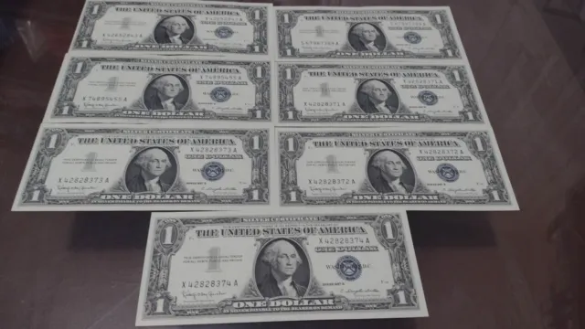 (7) 1957 Series B One MINT Dollar Blue Seal Note Silver Certificate US $1 Bill