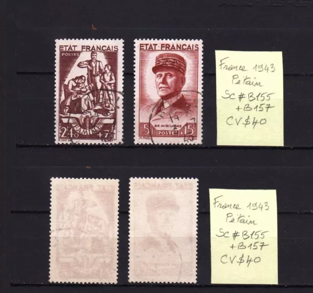 B368-FRANCE 1943 Pétain SC#B155 + B157 Y&T#578 + 580 CV$40 Used stamps RARE